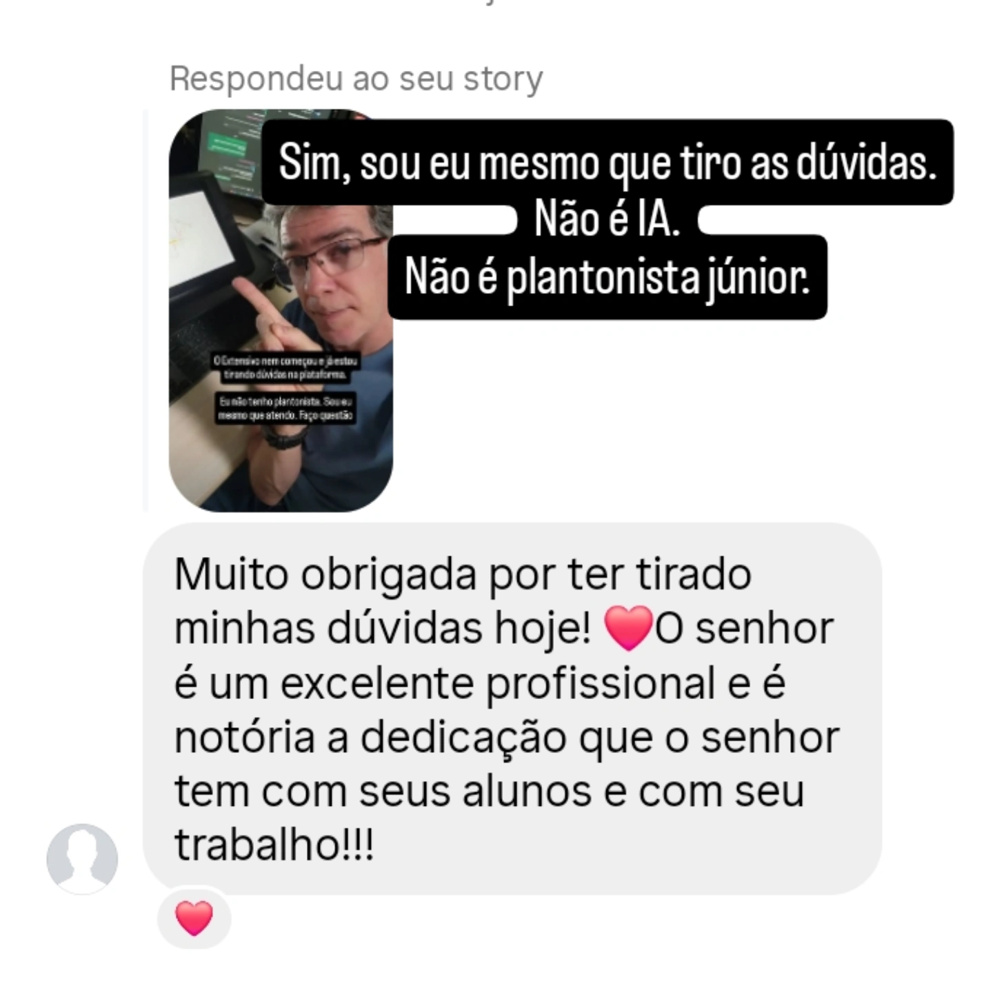 Print de monitoria pessoal respondida em vídeo pelo Professor Pinguim